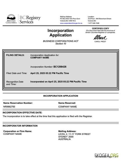 Modèle Word et PDF de demande de constitution en société en Colombie Britannique